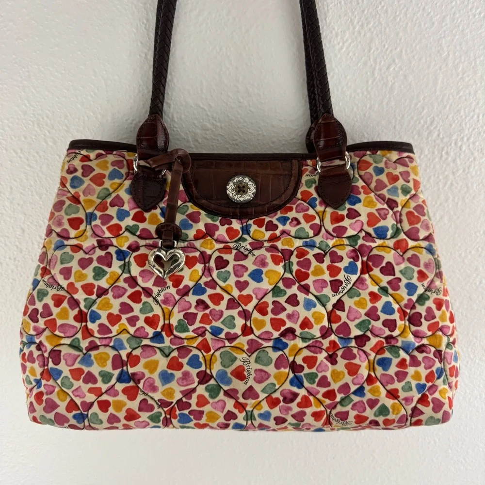 BRIGHTON Multicolor Rainbow Heart To Heart Fabric Quilted Shoulder Bag Purse